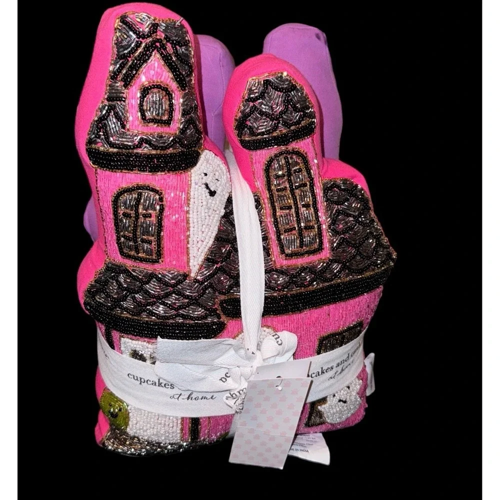 Cupcakes and Cashmere Haunted House Pillows Pink Purple Beaded Set of 2